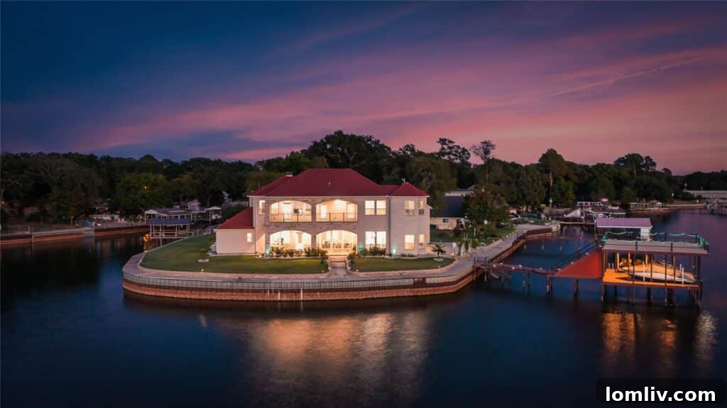 Stunning lake house with a screened porch and boat dock on serene open water.