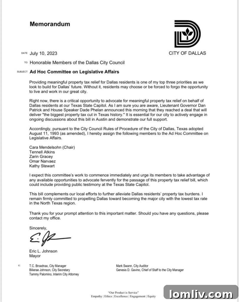 Johnson Vows Dallas Property Tax Cut Before August Budget Hearings 4 A vibrant image of the Dallas cityscape at night.