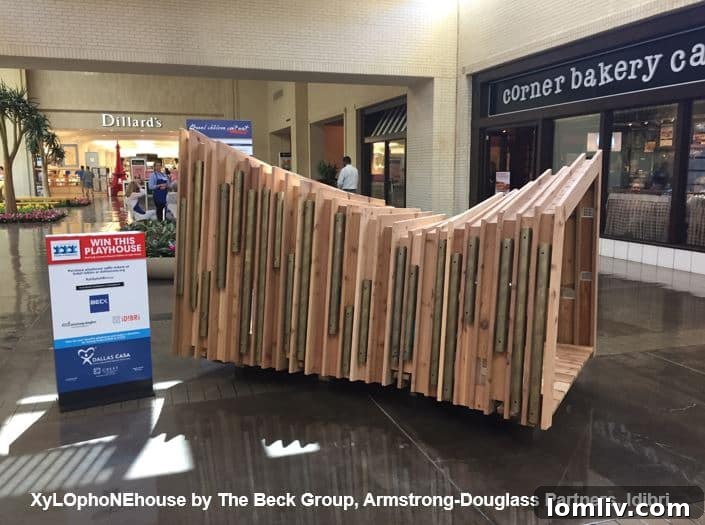 A futuristic playhouse designed with a xylophone element on its exterior, showcasing a blend of architectural design and musical playability.