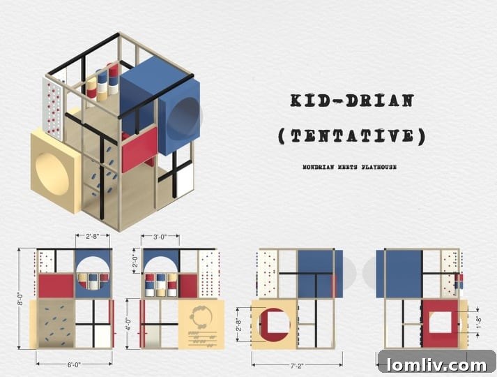 A close-up of the 'Kid-Drian' playhouse, showcasing a rock climbing wall section, a tunnel entrance, and a transparent lookout bubble, inviting playful exploration.