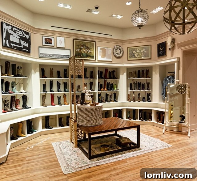 Vintage cowboy boots display at Flea Style's Dallas Galleria location.