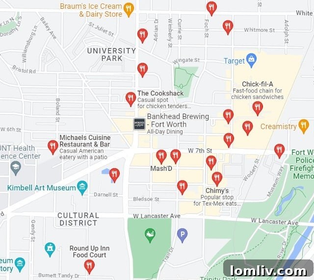 A vibrant street scene along West 7th in Fort Worth, illustrating the many walkable restaurant options available from 3300 West 7th condos.