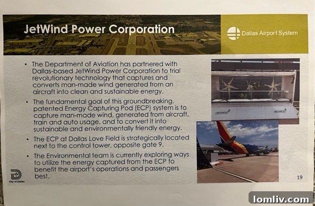 Close-up of a JetWind Power Corp. energy-capturing pod near an aircraft at Dallas Love Field, highlighting the innovative technology.