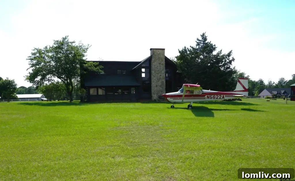 Remodeled log cabin with private airstrip view at Aero Estates, Frankston, Texas