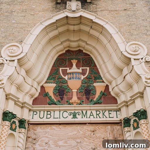 Close-up of a decorative door on the historic Fort Worth Public Market building.