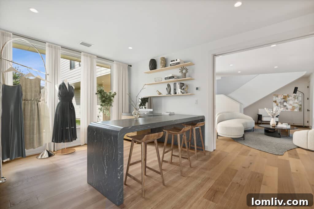 Virtually staged contemporary living space on the first floor, reflecting the sketch's vision.