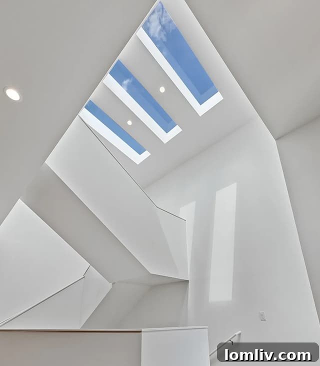 The stunning floating staircase reaching towards a large skylight, bathing the interior in light.
