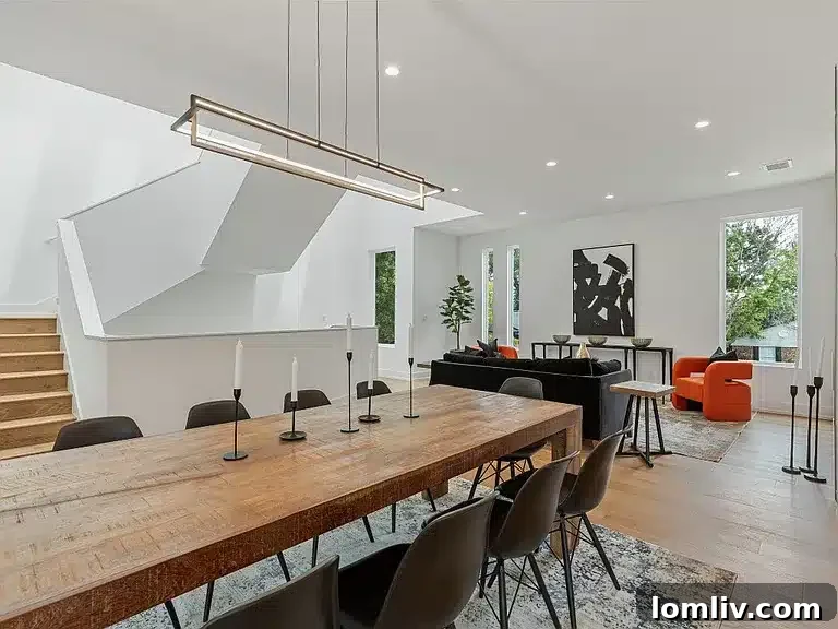 Open concept living and dining area on the second level, highlighting natural light.