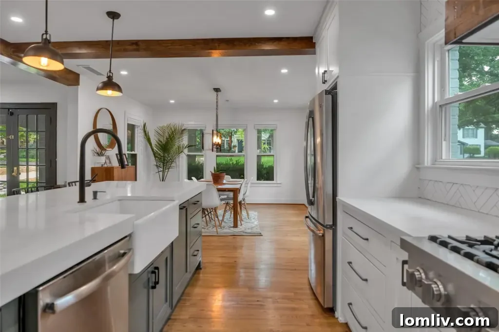 A modern, updated kitchen with high-end appliances and a farm sink.