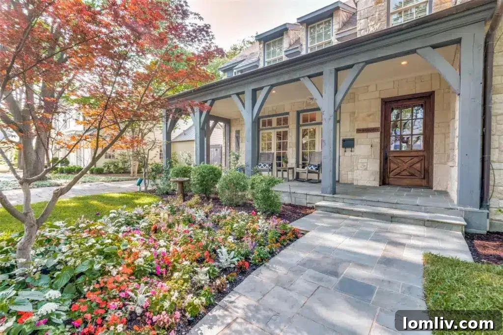 A two-story traditional home with a covered front porch and mature trees.