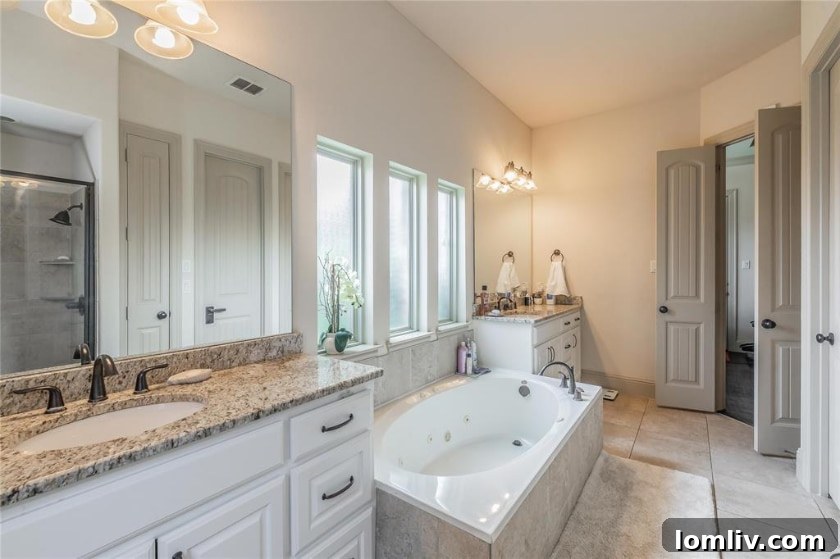 A luxurious master bathroom with a large soaking tub, double vanity, and separate glass shower.