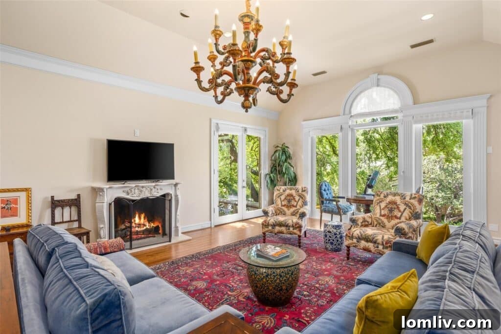 Elegant central hallway with wet bar and chevron flooring