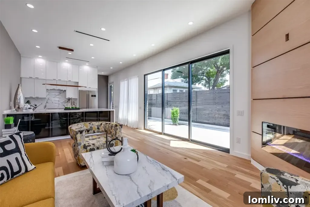 Bright living room with 10-foot ceilings and wide plank oak flooring in a Maple Heights home