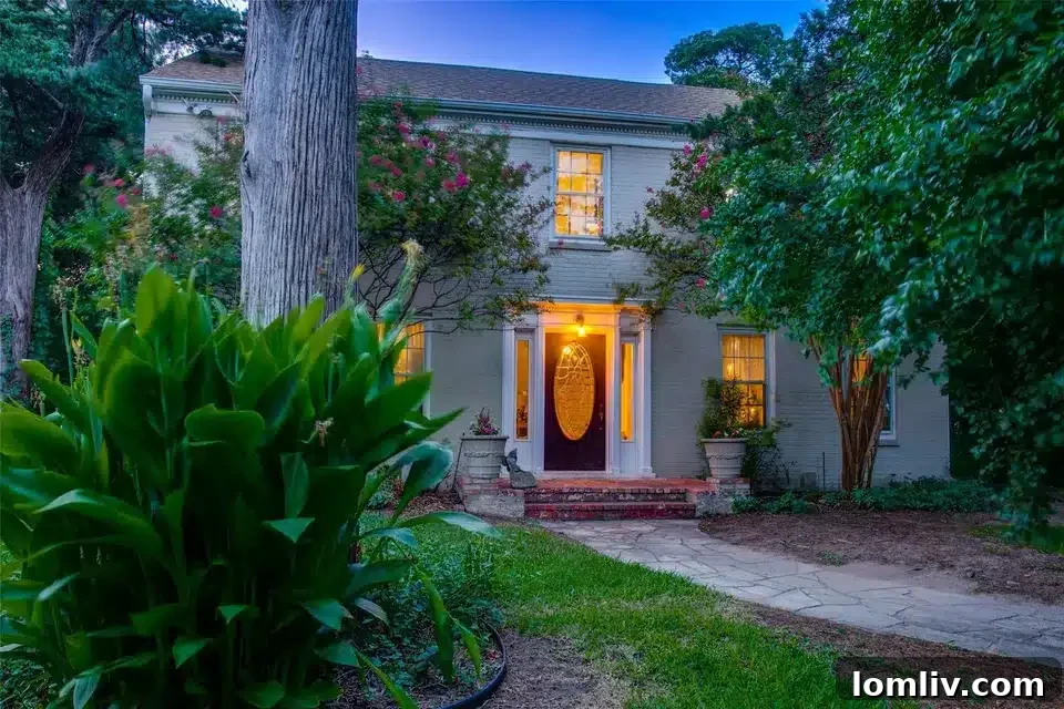 A grand, historic colonial home at 1023 N Plymouth Road, Oak Cliff, Dallas, Texas, now visible after years of being hidden by overgrown foliage.