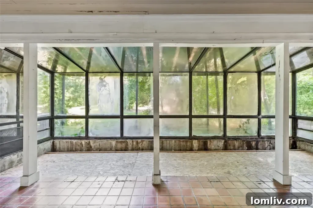 An interior shot of the sunroom, highlighting the wall of windows and the built-in flower bed cultivated by Mrs. Gloria Snodgrass.