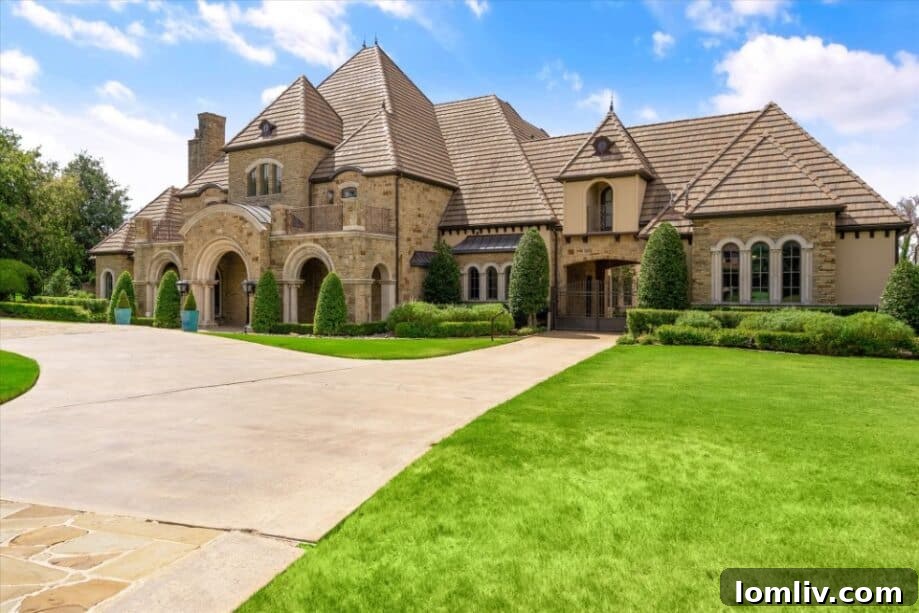 An impressive, long driveway leading to the grand entrance of a Montserrat luxury home.