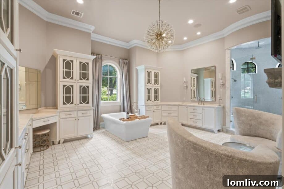 Luxurious ensuite bathroom with a sitting area and a large tub offering scenic views.