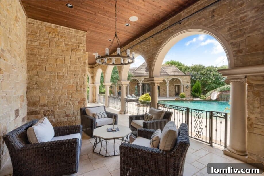 Covered outdoor seating area with comfortable furniture and a view of a luxurious pool.