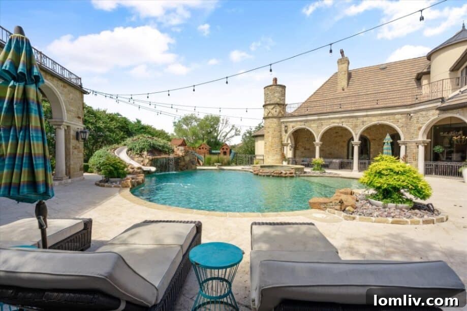 Luxurious backyard with a large swimming pool, water slide, and a stylish cabana.