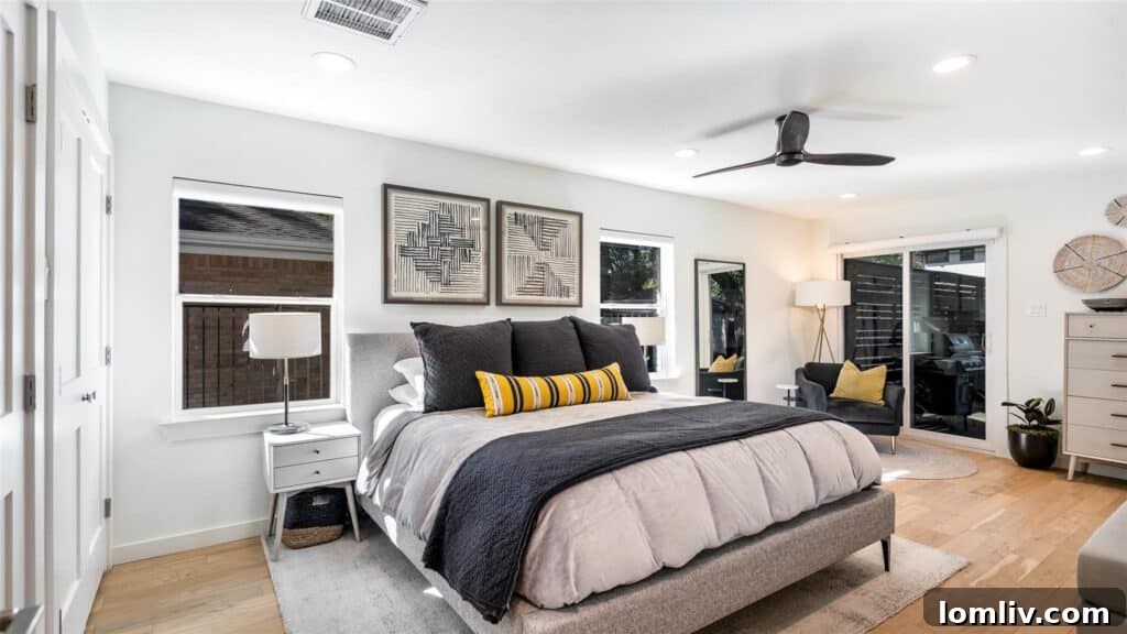 Your Cozy Lakeside Haven Awaits 8 Bright and airy interior living space with white oak flooring and contemporary decor