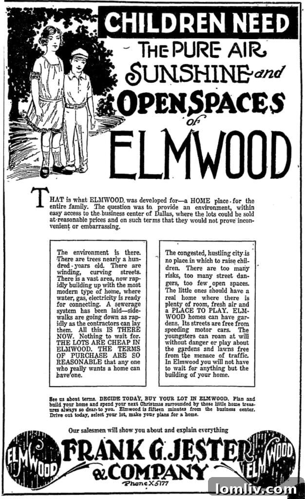A vintage newspaper advertisement from the 1920s, promoting the Elmwood neighborhood and highlighting its historical development.