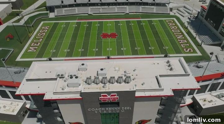 Panoramic view of Melissa High School football stadium lights