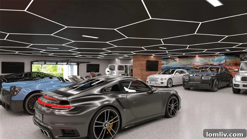 A climate-controlled, multi-functional garage showcasing high-end vehicles