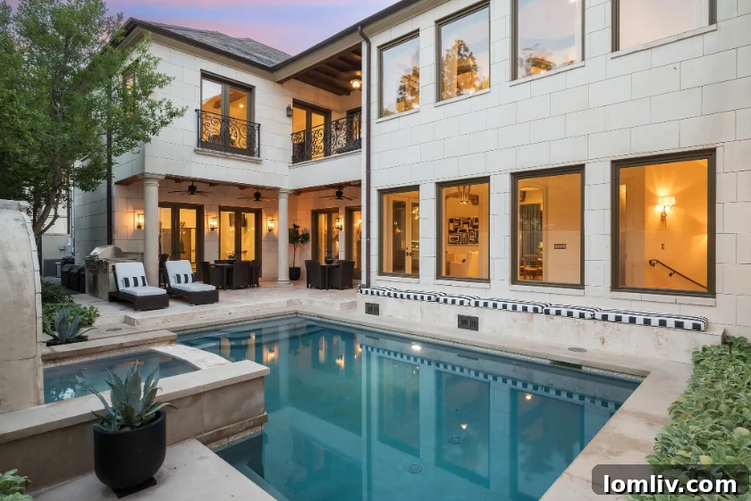 A breathtaking panoramic view of the expansive outdoor swimming pool and spacious patio area, ideal for luxurious outdoor living and relaxation.