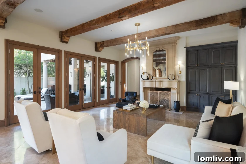 An inviting scene of the meticulously landscaped outdoor patio and a shimmering swimming pool, ideal for entertaining.