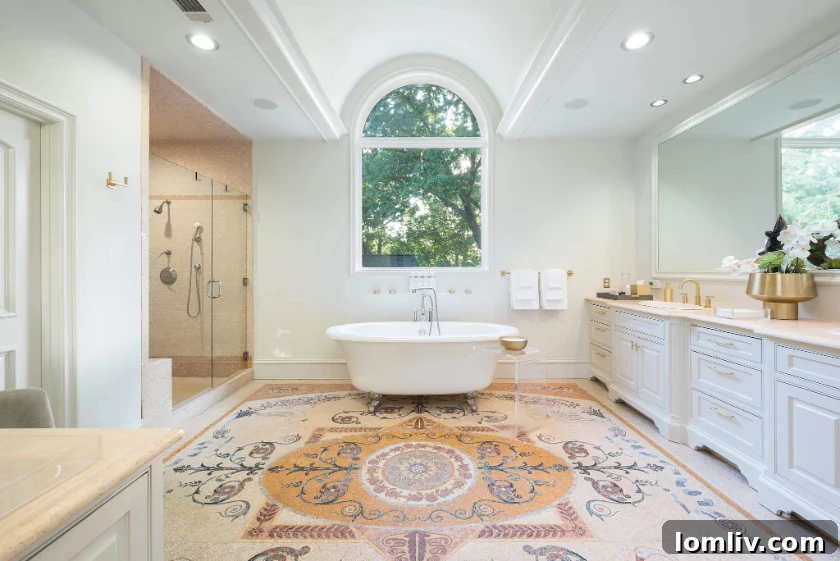 The beautifully preserved original mosaic tile floor in the primary bathroom, showcasing intricate detail and lasting elegance.