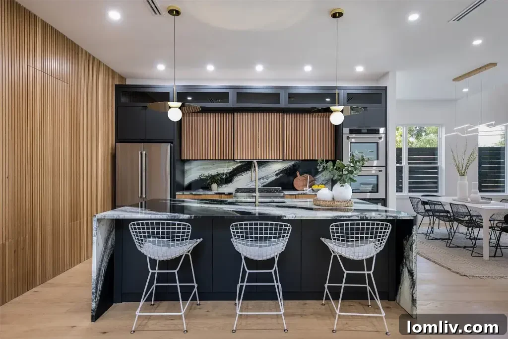 Gourmet kitchen with panda quartz countertops and stainless steel appliances