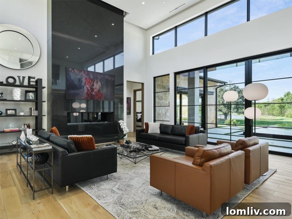 Westlake's Quail Hollow: Redefining Modern Luxury 8 Interior view of the living room with a striking black fireplace and abundant natural light.