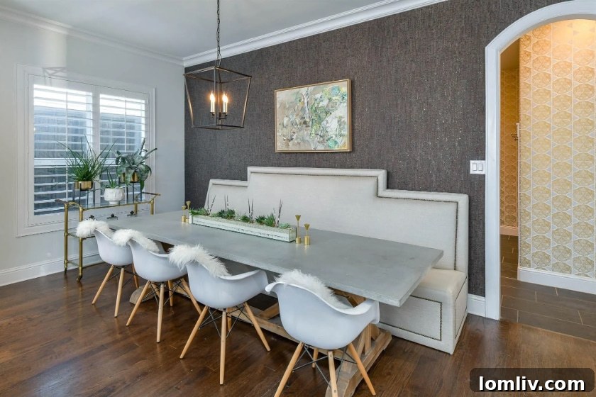 Breakfast room with cork wall covering and elegant dining furniture