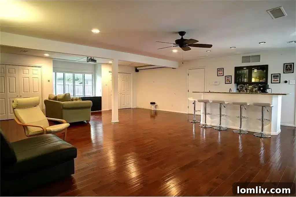 Home bar in a Dallas residence, stocked and ready for game day snacks and drinks.