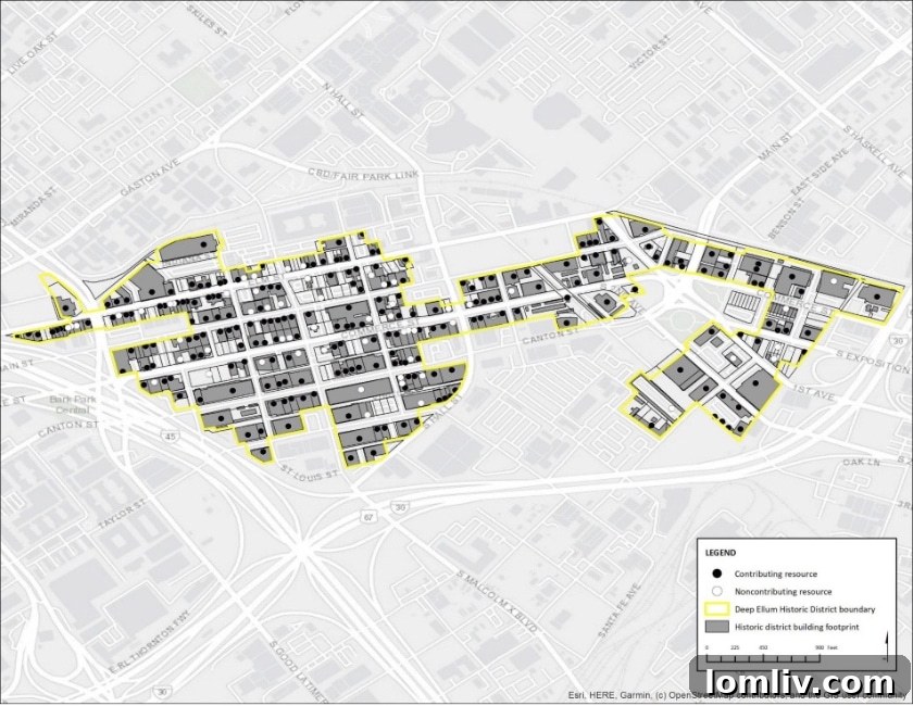 Map outlining the Deep Ellum Historic District