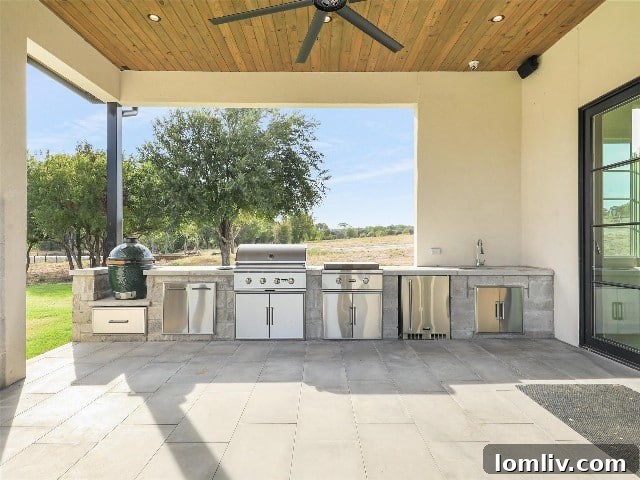 Rancho Ladera: Ample Room, Right Where You Need It 6 Luxury outdoor kitchen featuring an Isokern fireplace and gourmet appliances