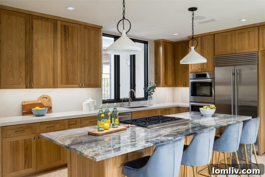 Modern kitchen island with chic seating, offering a perfect spot for casual dining, entertaining, or morning coffee.