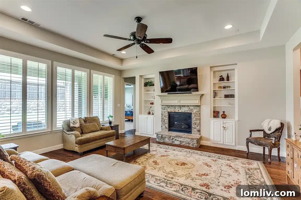 Elegant rock fireplace as the focal point in a McKinney family room.