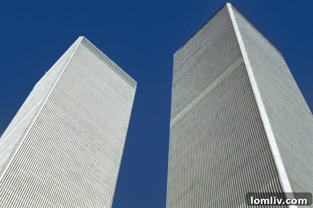 9/11: The Call to Home 2 Close-up of the World Trade Center towers in March 1974, symbolizing American ambition and architectural prowess before 9/11.
