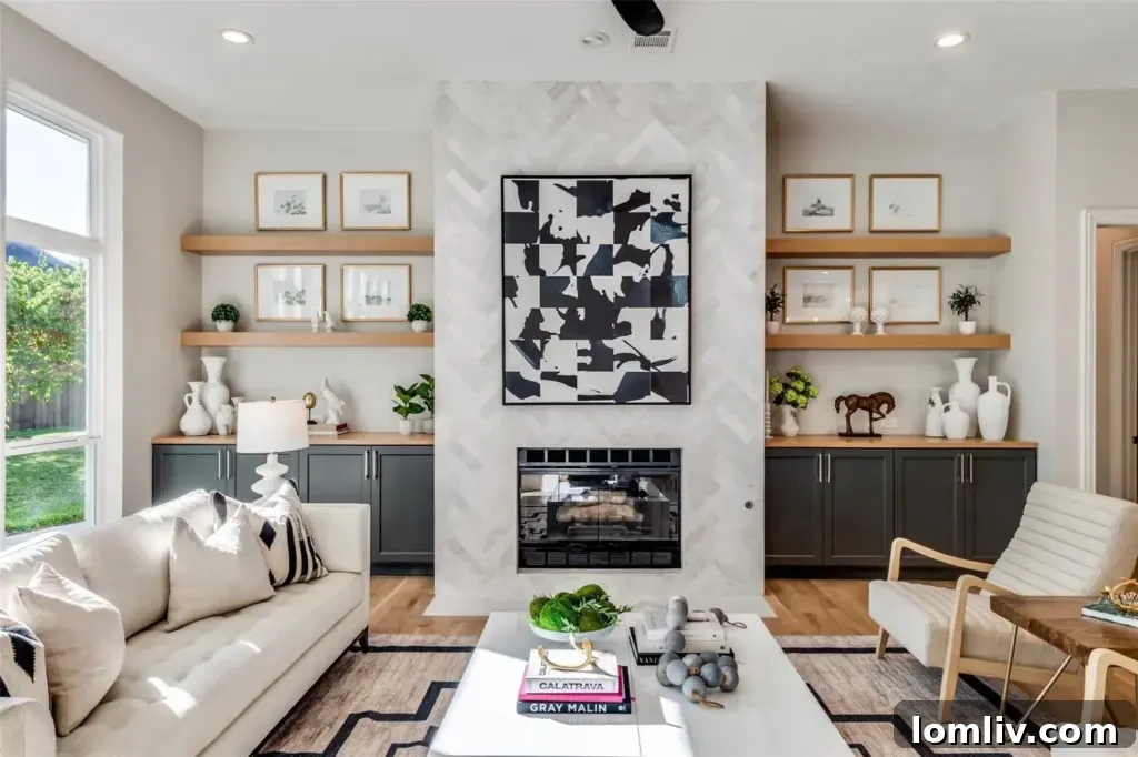Second living area seamlessly connected to the kitchen, featuring a marble fireplace and built-ins