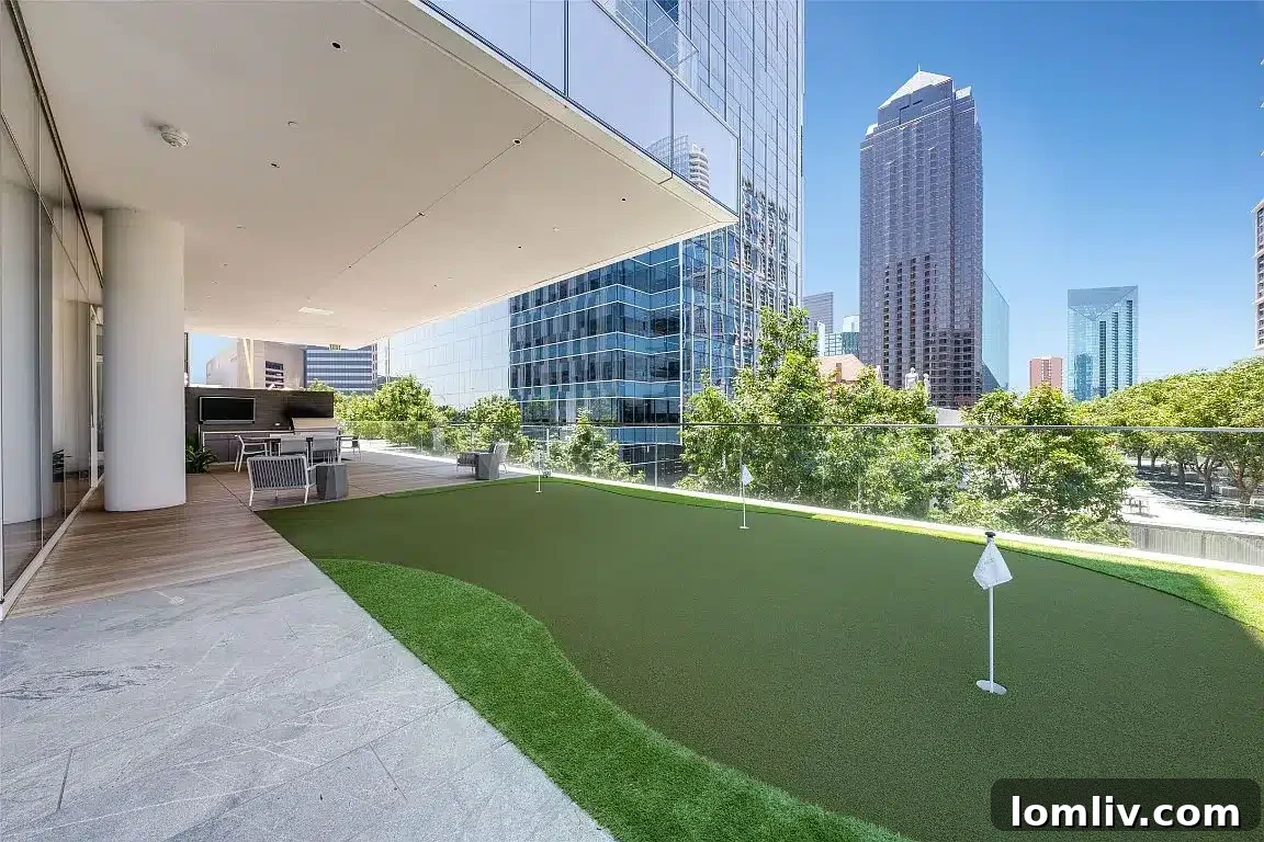 Rooftop putting green with Dallas Arts District views