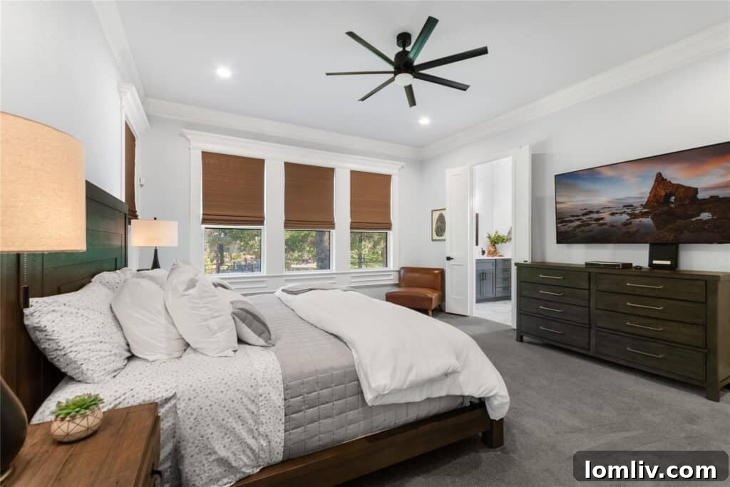 Cozy bedroom with elegant decor and lake house vibes