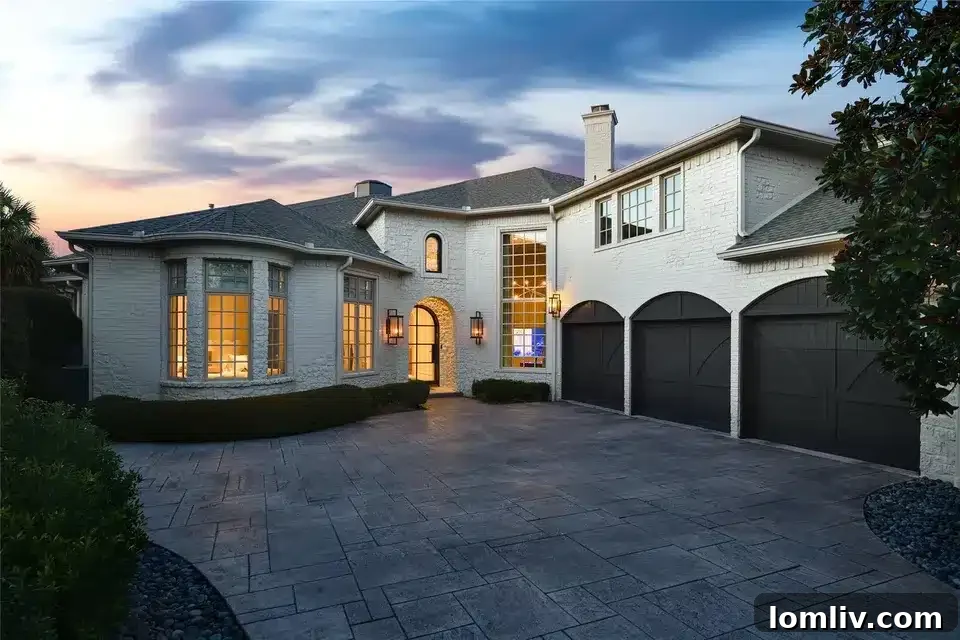 Grand entrance of a luxury home in Dallas, with lush landscaping