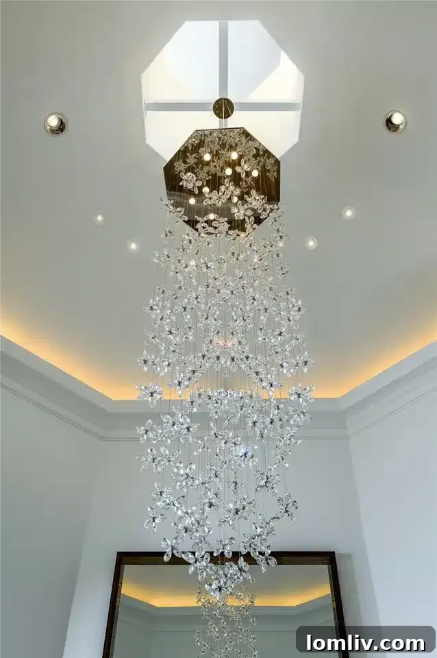 Stunning foyer with a grand chandelier and high ceilings