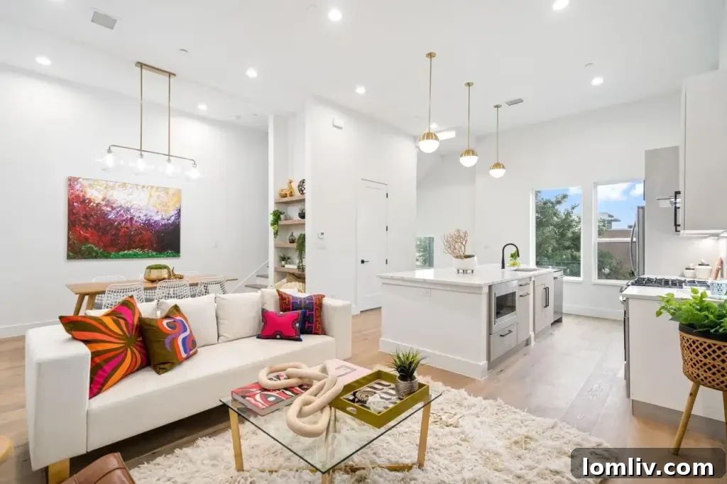 View of the modern kitchen from the living area