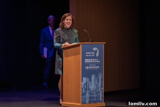 Downtown Dallas Inc. President and CEO Jennifer Scripps speaking at the event.