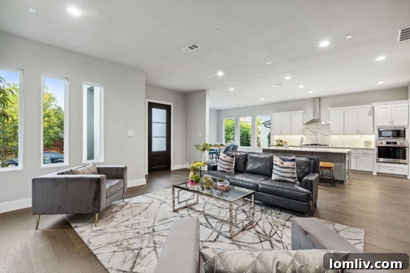 A modern kitchen with sleek cabinetry, an island, and stainless steel appliances in a Skyline Terrace Villa, designed for open-concept living and entertaining.