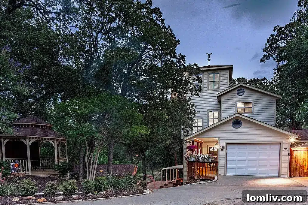 Unique custom home exterior at 218 Scenic Drive, Highland Village, Texas