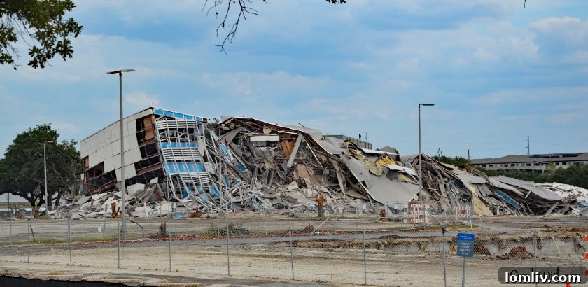 Remaining structure and rubble after the Exchange Park implosion.