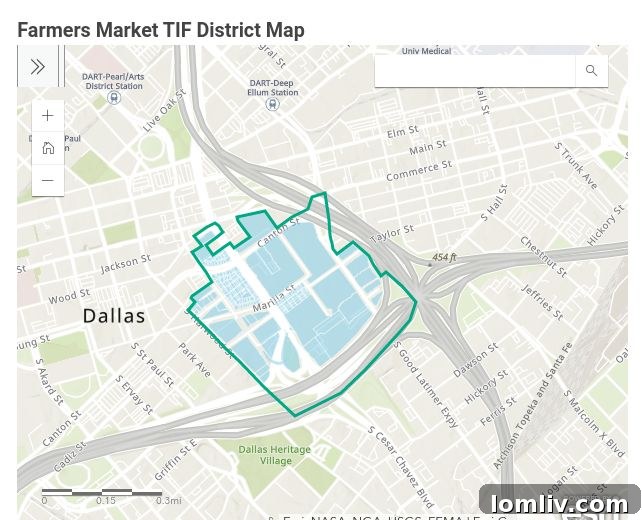 A map highlighting various TIF districts across the city of Dallas, showing urban planning zones.